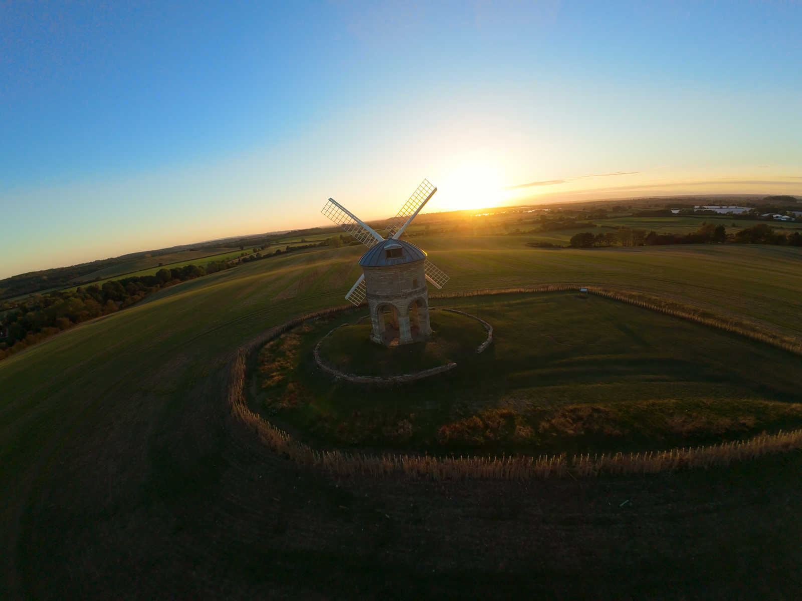 Chesterton Windmill seen from the air at sunset